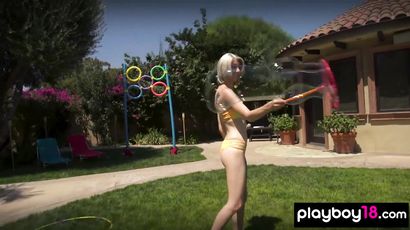 Petite Blond And Nude GF Washing A Car