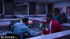 Sexy Blonde In A Red Dress Is Double Teamed In The Office