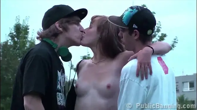 Young Blonde Teen Cutie Girl Is Fucked By 2 Guys On A Public Street