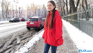 Frozen Teen In Glasses Selena Is Warmed Up With Hardcore Analfuck